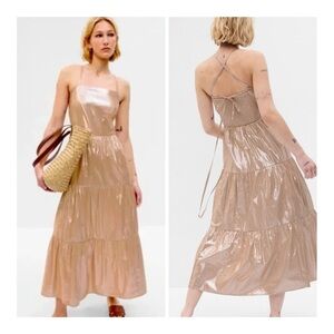 NEW Gap Women's Small Gold Metallic Tie-Back Tiered Maxi Dress